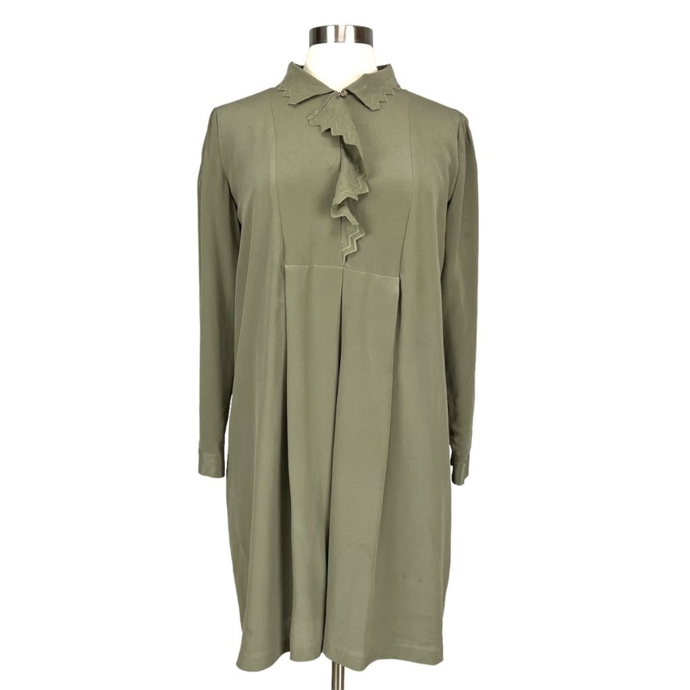 Madewell Sage Green Pleated Ruffled Long Sleeve Shift Dress size Medium